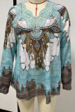 Aztec Print V Neck Lace Edge Long Sleeves Top