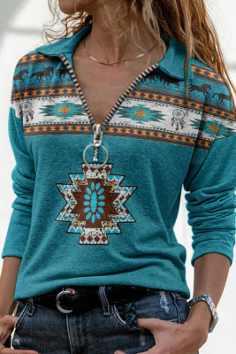Blue Zipper Turn Down Collar Aztec Print Long Sleeves Top
