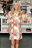 Multicolor Abstract Print Notch V Neck Puff Sleeve Dress