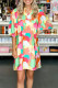Multicolor Abstract Print Notch V Neck Puff Sleeve Dress