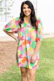 Multicolor Abstract Print Notch V Neck Puff Sleeve Dress
