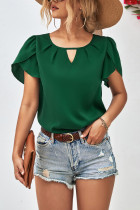 Plain Keyhold Ruched Tulip Sleeves Top