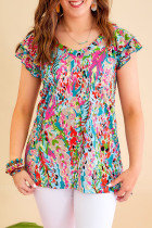 Multicolor Abstract Print Tiered Ruffled V Neck Blouse