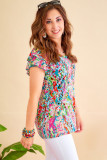 Multicolor Abstract Print Tiered Ruffled V Neck Blouse