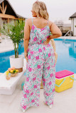 Rose Tropical Floral Spaghetti Straps Belted Plus Size Jumpsuit