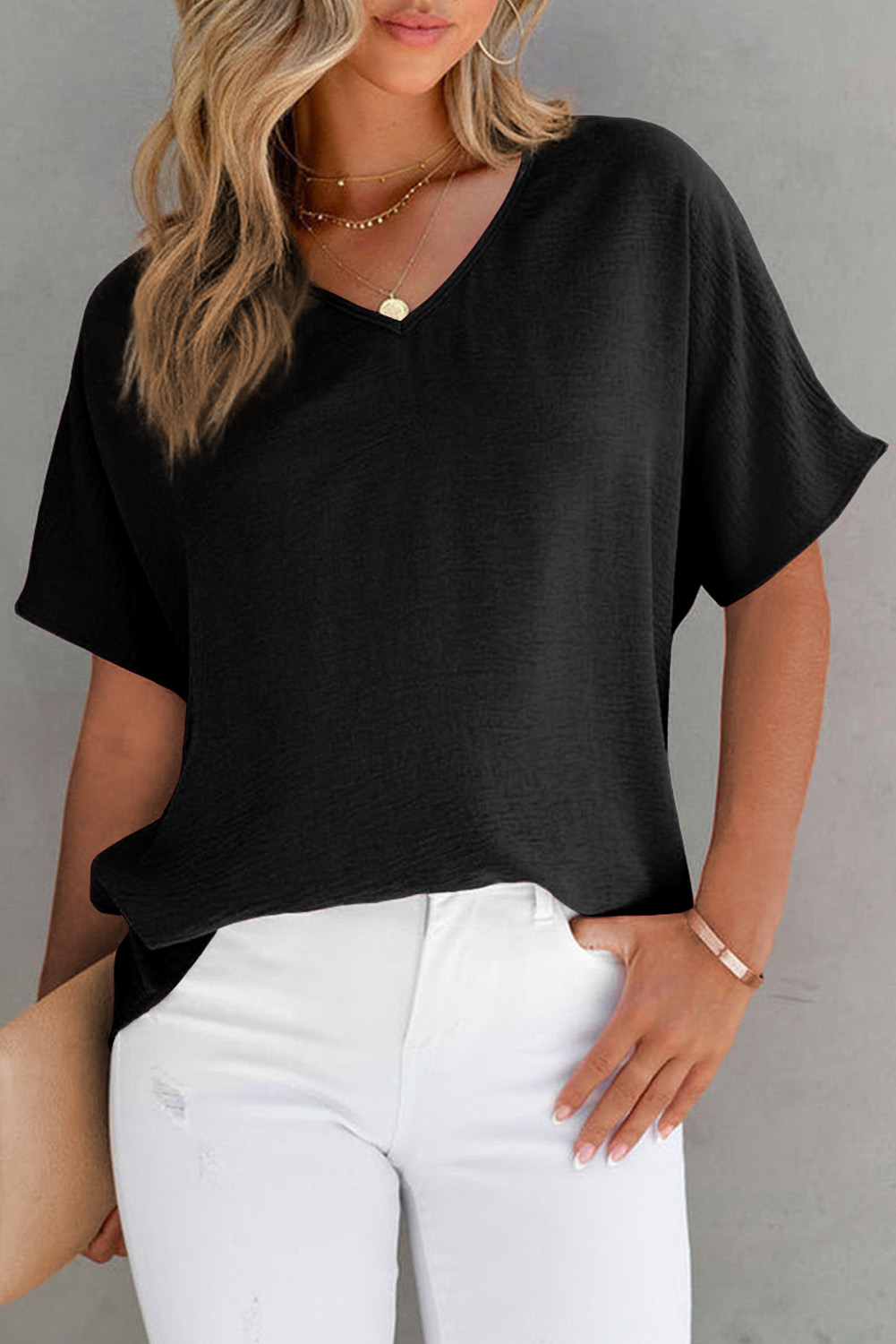 US$ 11.40 - Black Solid V Neck Short Sleeve Blouse - www.unishe.com