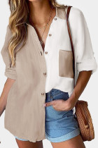Khaki Colorblock Buttons Shirt-Collar Long Sleeve Pocket Blouse