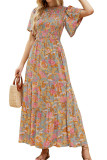 Brown Vintage Floral Smocked Bodice Flare Sleeve Tiered Long Dress