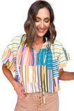 Multicolor Striped Printed Ruffle Short Sleeve Blouse