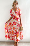 Red Short Puff Sleeve Floral Tiered Maxi Dress