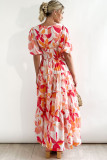 Red Short Puff Sleeve Floral Tiered Maxi Dress