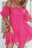 Rose Pink Texture Mesh High Waist Off Shoulder Dress