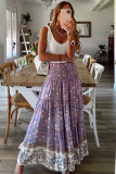Purple Floral Print Shirred High Waist Maxi Skirt