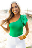 Green Solid Color One Shoulder Ruffle Sleeve Bodysuit