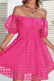 Rose Pink Texture Mesh High Waist Off Shoulder Dress