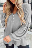 Gray Buttoned V Neck Drop Shoulder Waffle Knit Top