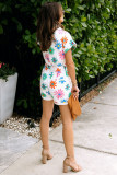 White Floral Buttoned Short Sleeve Romper