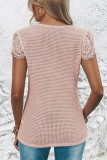 Pink Waffle Knitted Lace Trim Short Sleeve Top