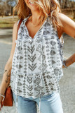 White Tribal Geometric Print Tiered Frilled V Neck Tank Top