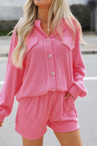 Pink Ribbed Knit Button Top and Shorts Set