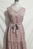 V Neck Buttoned Printed Sleeveless Dress With Sash