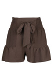 Brown Smocked Waist Waist Tie Shorts