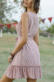 V Neck Buttoned Printed Sleeveless Dress With Sash