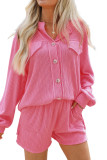 Pink Ribbed Knit Button Top and Shorts Set