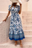 Blue Flower Print Splicing Long Dress