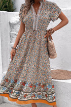 Khaki Floral Print Splicing Maxi Dress 