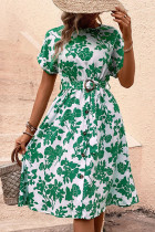 Green Flower Print Dress with Belt 