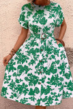 Green Flower Print Dress with Belt 