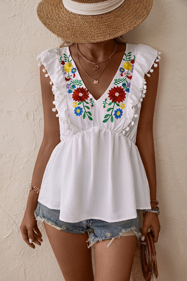 White Flower Embroidery Pom Pom Top 