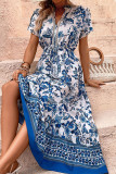 Blue Flower Print Splicing Long Dress