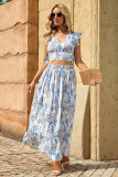 White Floral Ruffled Crop Top and Maxi Skirt Set