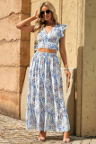 White Floral Ruffled Crop Top and Maxi Skirt Set