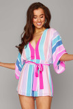 Multicolor Striped Kimono Sleeve Romper with Sash
