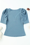 Sky Blue Ribbed Knit V Neck Ruched Sleeve Top