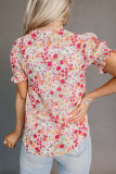 Rose Floral Ruffle Bubble Sleeve Blouse