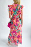 Multicolor Abstract Floral Print Frill Neck Ruffle Maxi Dress