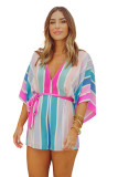 Multicolor Striped Kimono Sleeve Romper with Sash