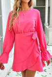 Rosy Flare Sleeves Ruffle Dress 