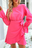 Rosy Flare Sleeves Ruffle Dress 