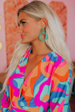 Multicolor Abstract Print Wrap V Neck Puff Sleeve Dress