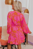 Rose Abstract Printed Puff Sleeve Ruffle Flowy Dress