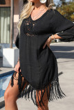 Black Crochet Fringe Hem Kimono Cover Up Dress
