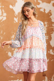 Sky Blue Floral Colorblock Tiered Puff Sleeve Dress