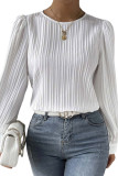 White Ribbed Crewneck Puff Long Sleeve Top