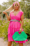 Pink Plus Size Solid Frill Tiered V Neck Smocked Dress