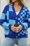 Checked V Neck Button Front Open Knitting Cardigan 